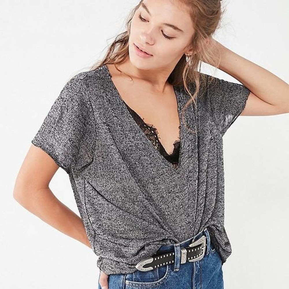 Urban Outfitters Project Social T Textured-Knit V-Neck Tee Charcoal XS